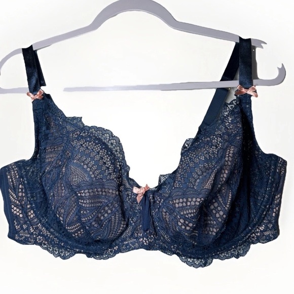 Cacique Bra Unlined Balconette 44DD Coquette Blue Pink Bows Lace Sheer Barbie - Picture 1 of 10